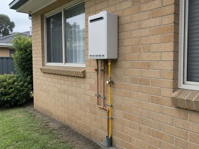 Wall-mounted hot water unit with exposed pipes on a brick house exterior in St Clair